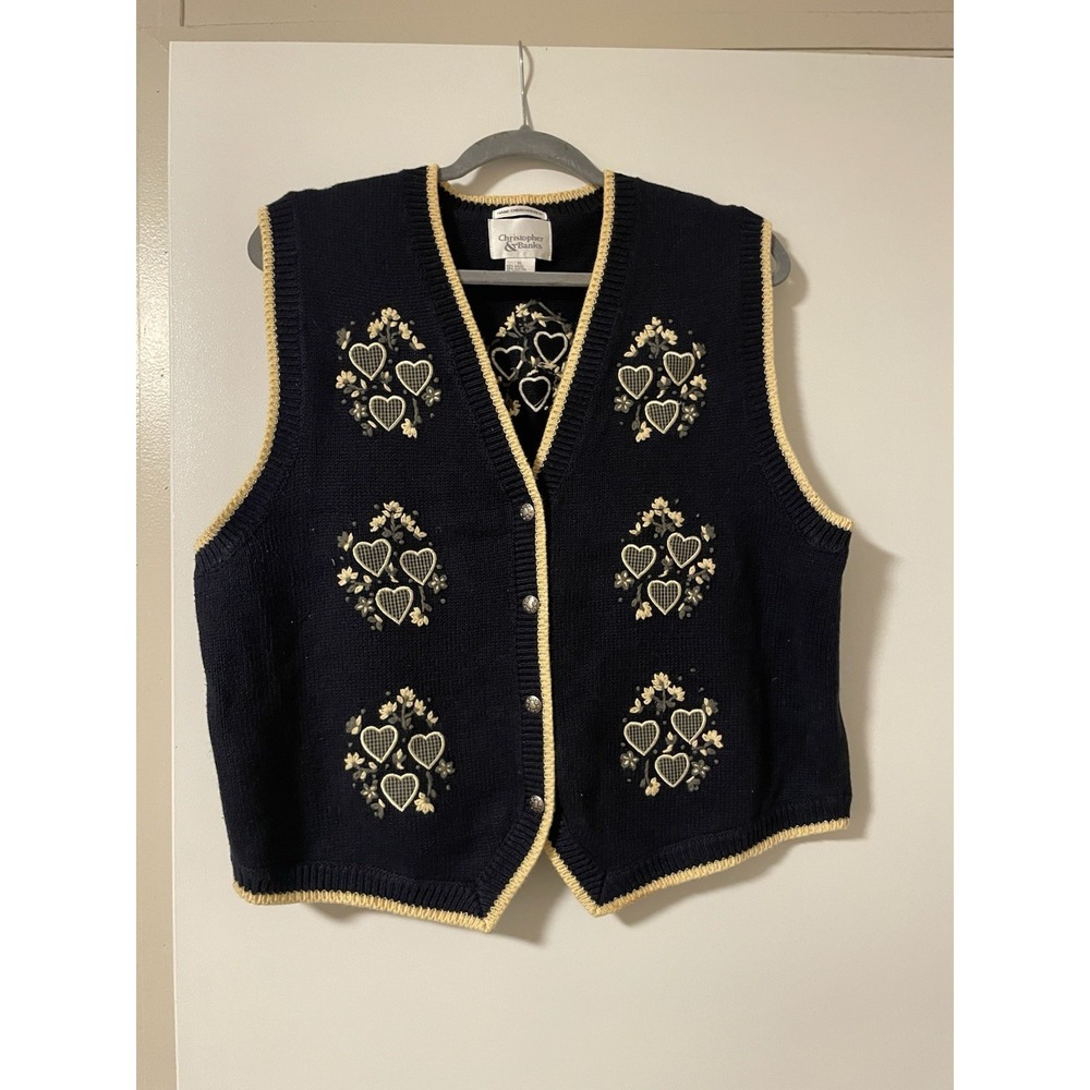 Vintage Y2K Knit Vest Women XL Blue Hand Embroidered Flower Hearts Cottage